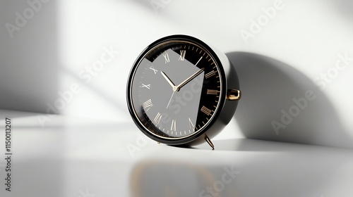 A black analog clock with gold accents on a white background. photo