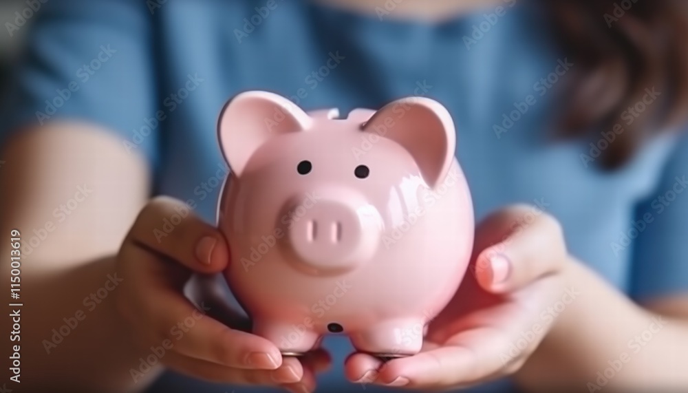 Female hands hold a pink piggy bank in a soft focus, representing savings, finance, budgeting, and investment concepts for personal money management Female hands hold a pink piggy bank in a soft focus, representing savings, finance, budgeting, and investment concepts for personal money management
