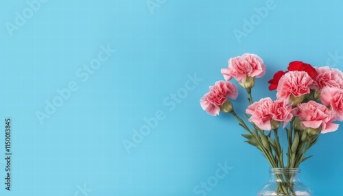 Beautiful Pink and Red Carnations Arrangement in Clear Glass Vase on Light Blue Background for Mother's Day Celebration or Floral Decor