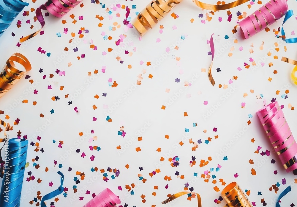 Fototapeta premium White background with colorful streamers and confetti, creating a festive atmosphere for the party. 