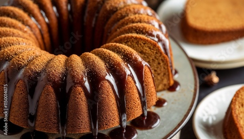 Spiced eggnog bundt cake drizzled with rum glaze and sprinkled with nutmeg on cake stand