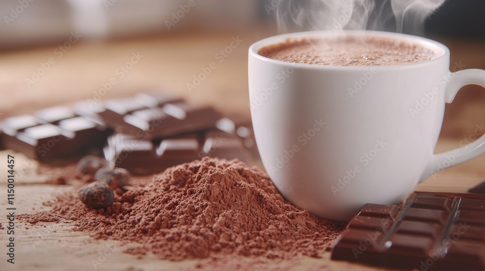 Hot Chocolate in White Mug Surrounded by Cocoa and Chocolate Pieces Hot Chocolate in White Mug Surrounded by Cocoa and Chocolate Pieces