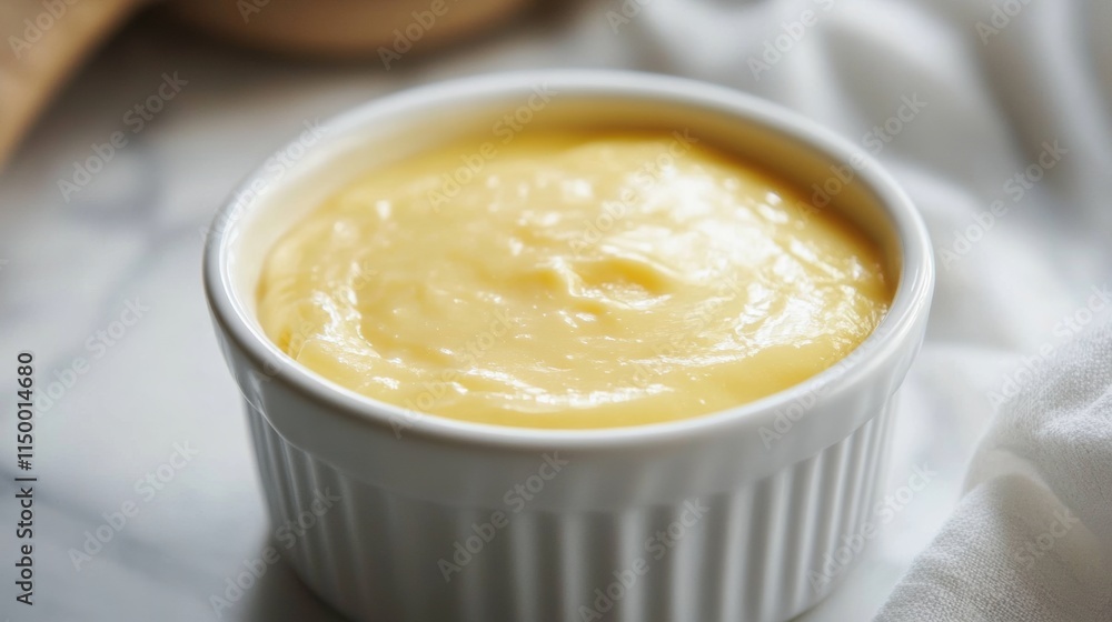 A close-up of creamy egg custard in a ramekin, isolated with plenty of white space around it A close-up of creamy egg custard in a ramekin, isolated with plenty of white space around it