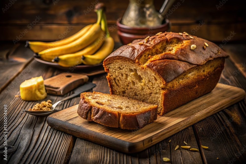 Warm, Rustic Low-Light Photo of Delicious Banana Bread Loaf, Sliced