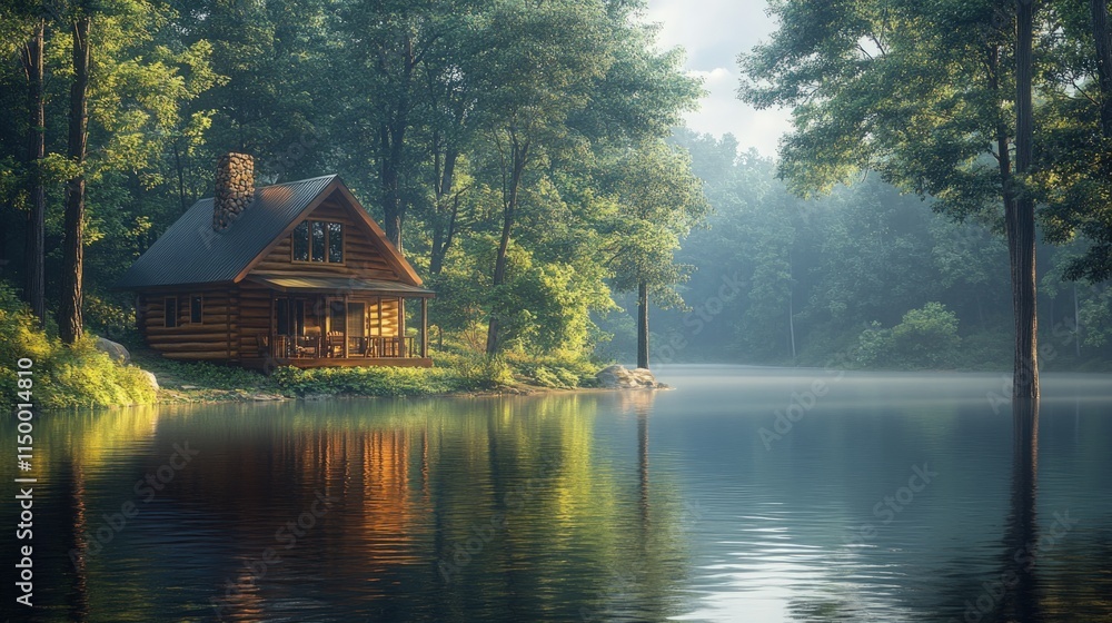 Fototapeta premium Secluded log cabin by tranquil lake.