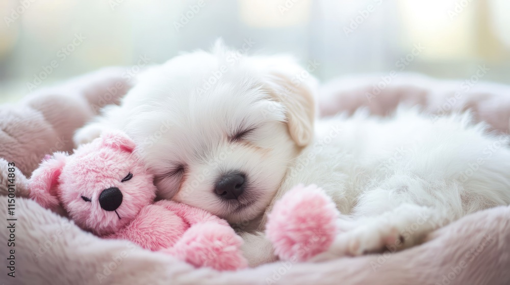 Adorable white puppy sleeping soundly in a cozy bed with a pink teddy bear. Adorable white puppy sleeping soundly in a cozy bed with a pink teddy bear.