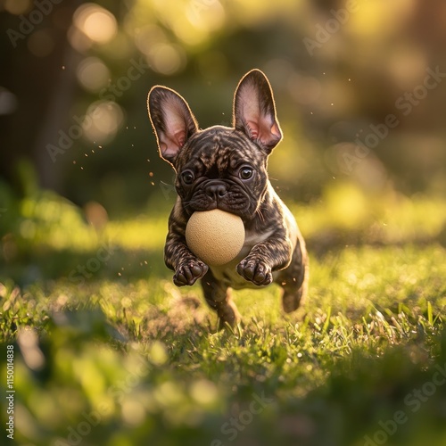 Playful French Bulldog puppy running in grass with ball. photo