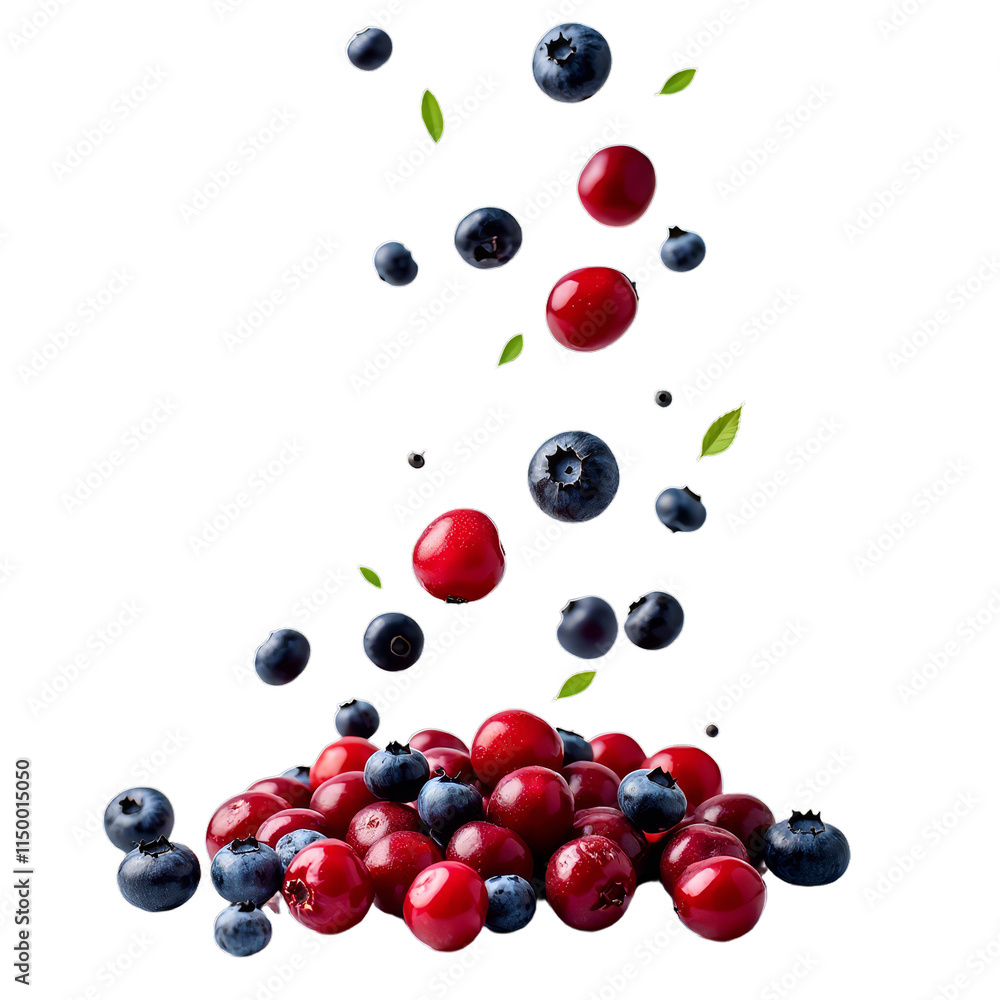 Strawberry and blueberry confetti on black background with green leaves Strawberry and blueberry confetti on black background with green leaves