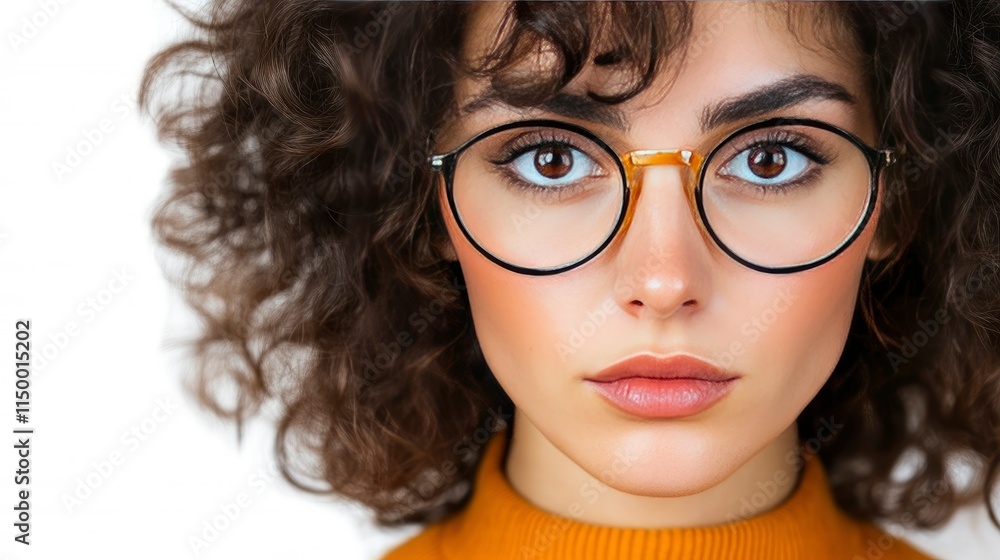 Close-up Portrait of a Young Woman with Curly Hair Wearing Round Glasses Close-up Portrait of a Young Woman with Curly Hair Wearing Round Glasses
