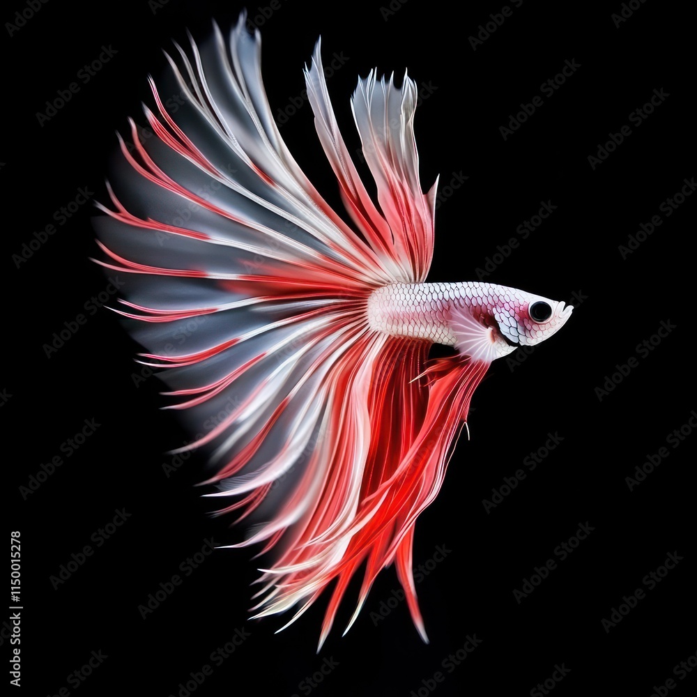 Red and white betta fish with large, flowing fins against a black background. Red and white betta fish with large, flowing fins against a black background.