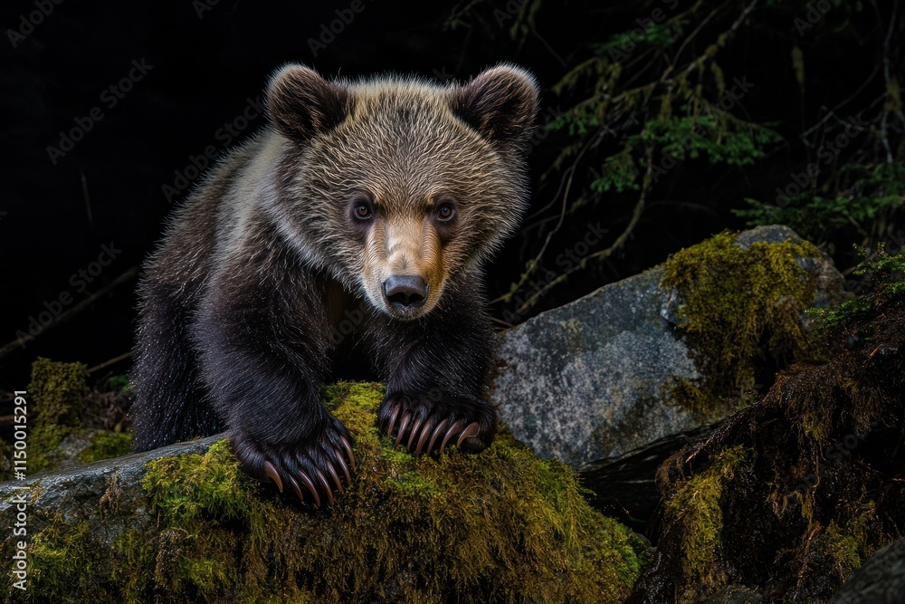 Obraz premium Cute brown bear cub on mossy rocks at night.