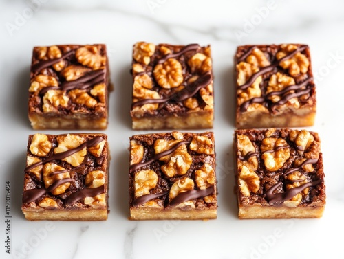 A tempting display of six chocolate and walnut dessert squares on a marble surface. photo