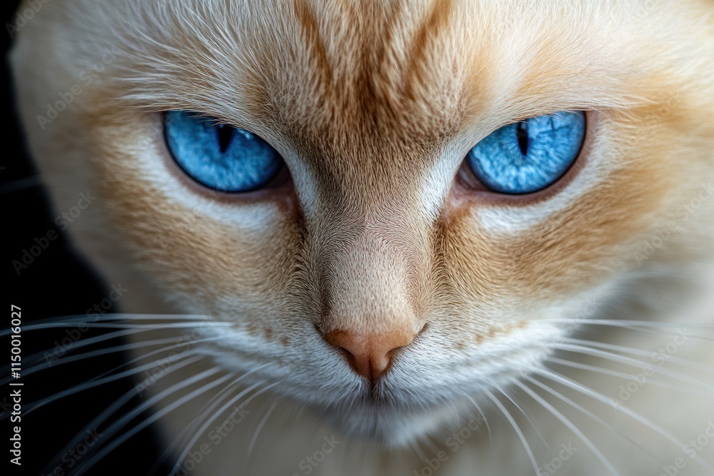 Close-up of a cat's face with intense blue eyes against a black background. Close-up of a cat's face with intense blue eyes against a black background.
