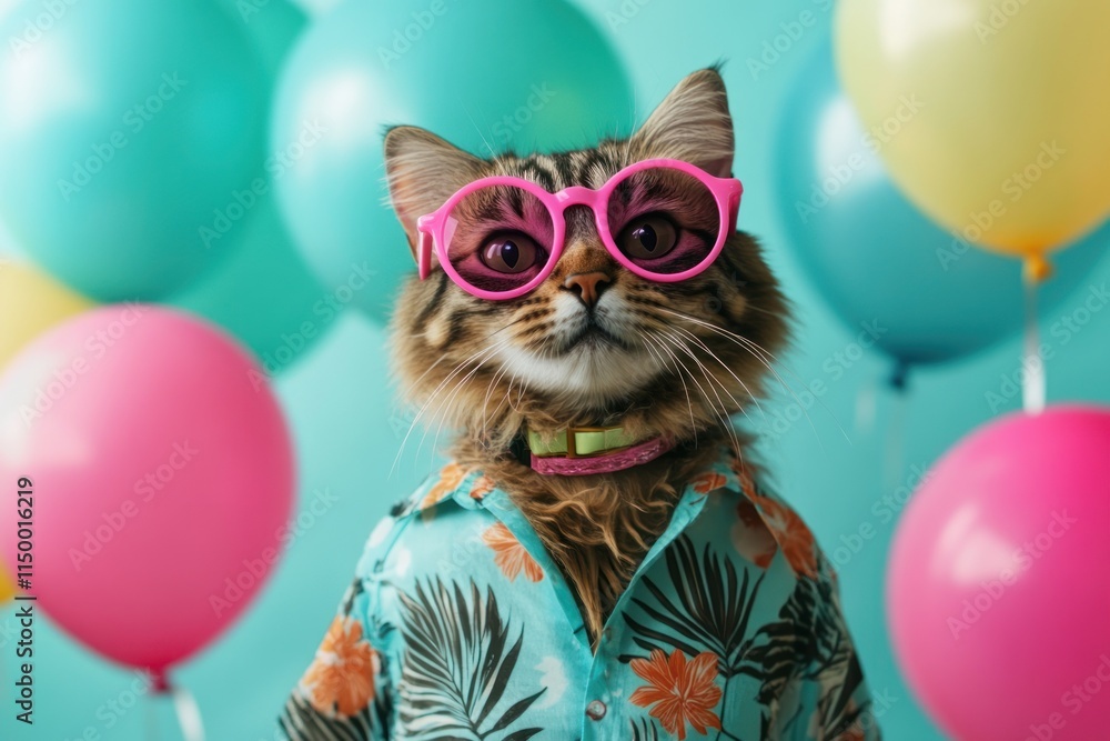 Fototapeta premium Fashionable cat wearing sunglasses and Hawaiian shirt, surrounded by colorful balloons.