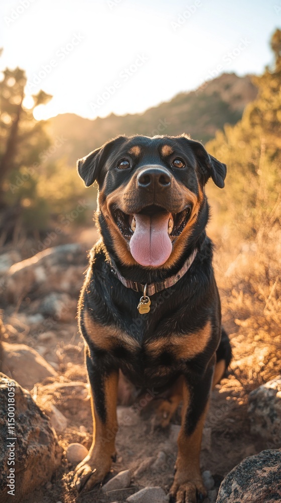Happy Rottweiler dog sitting on a trail at sunset. Happy Rottweiler dog sitting on a trail at sunset.