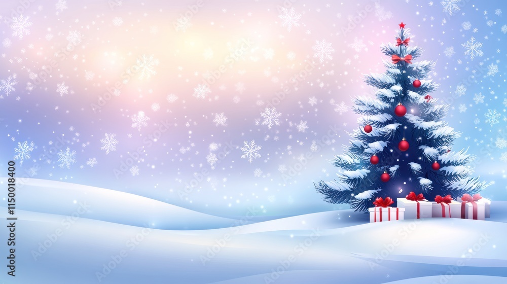 Obraz premium Winter scene with tree and gifts on snow with falling snowflakes.