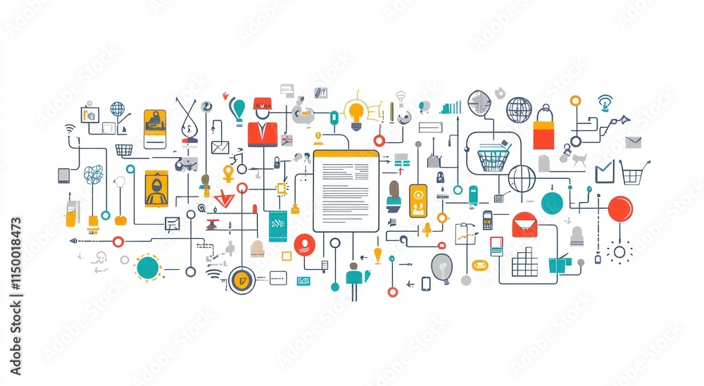Complex interconnected network of business and marketing icons illustrating digital strategy and workflow. Complex interconnected network of business and marketing icons illustrating digital strategy and workflow.