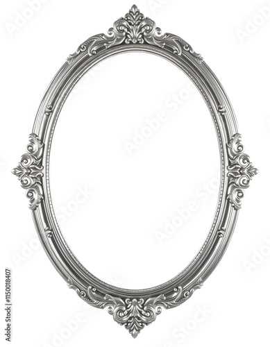 Silver antique vintage oval frame isolated on transparent, angled photoshot, with white tones