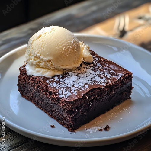 A decadent brownie with a fudgy center and a crackly top, served on a white plate with a scoop of vanilla ice cream, Brownie centered photo