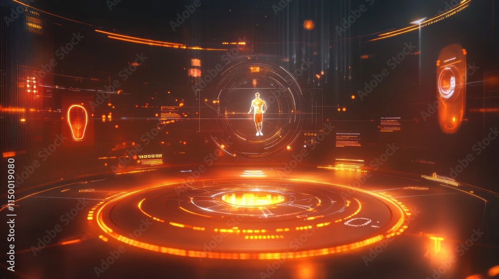 Futuristic holographic human body scan in a dark, circular tech environment. Futuristic holographic human body scan in a dark, circular tech environment.