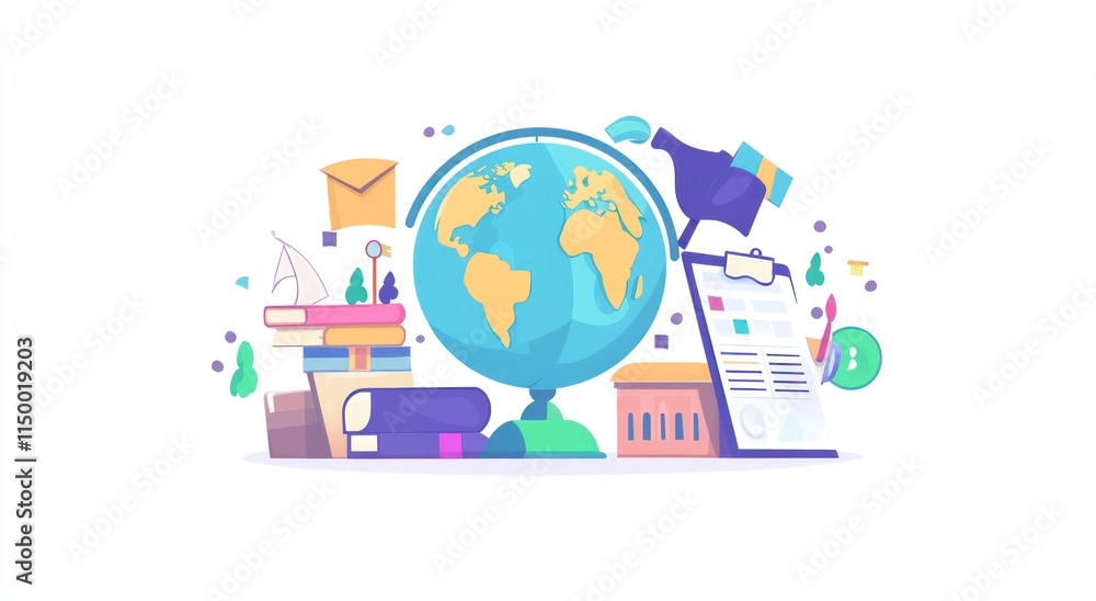 Fototapeta premium Global education concept with a globe, books, stationery, and a clipboard.