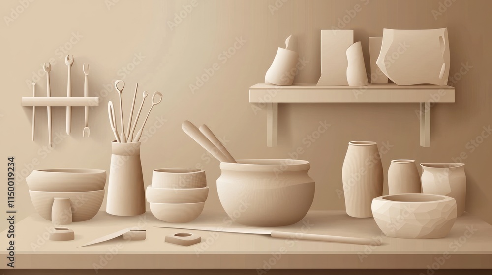 Pottery studio workspace with clay tools, bowls, and sculptures on a wooden table and shelf. Pottery studio workspace with clay tools, bowls, and sculptures on a wooden table and shelf.