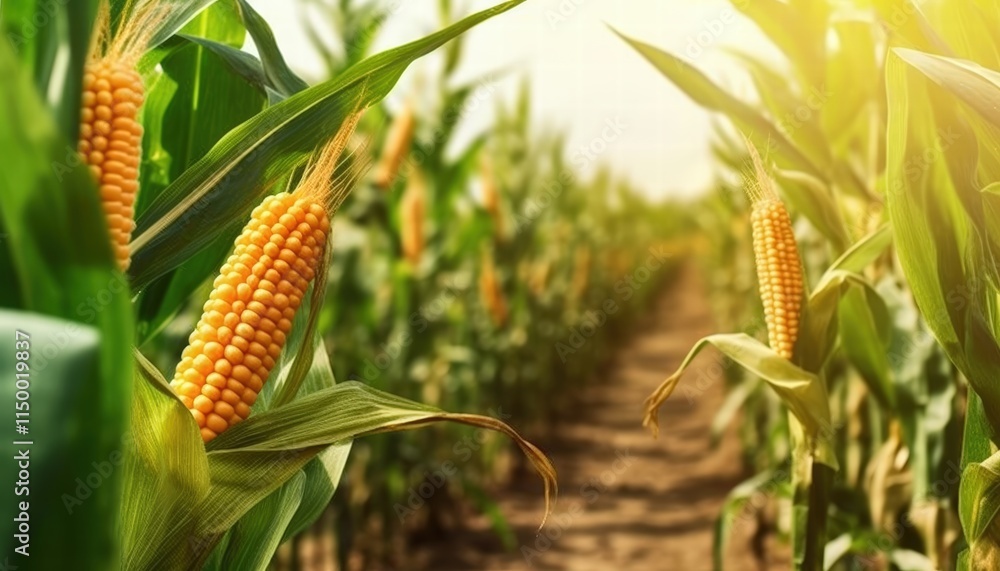 Vibrant Corn Field with Lush Green Foliage and Sunlit Pathway Leading Through Rows of Ripe Corn on Cobs in a Corn Plantation Setting Vibrant Corn Field with Lush Green Foliage and Sunlit Pathway Leading Through Rows of Ripe Corn on Cobs in a Corn Plantation Setting