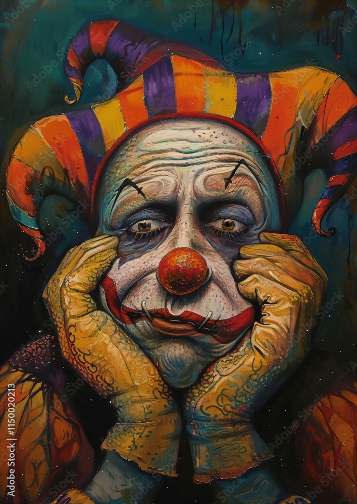 Solitary clown vibrant face paint jester cap gazes directly viewer its bright colors contrasting dark ominous background Solitary clown vibrant face paint jester cap gazes directly viewer its bright colors contrasting dark ominous background