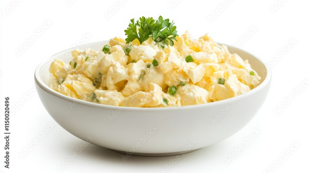 A plain egg salad arranged in a clean bowl, isolated on a seamless white background A plain egg salad arranged in a clean bowl, isolated on a seamless white background