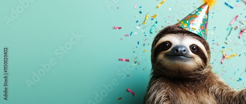 Happy sloth in party hat with confetti.