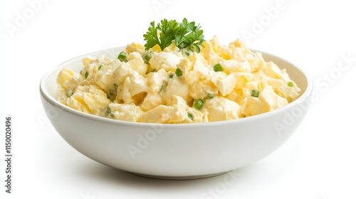A plain egg salad arranged in a clean bowl, isolated on a seamless white background