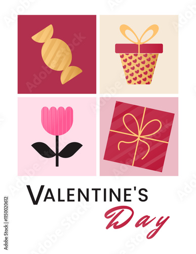 Valentine card with romantic symbols of Valentines Day - gift boxes, a flower, a candy.
