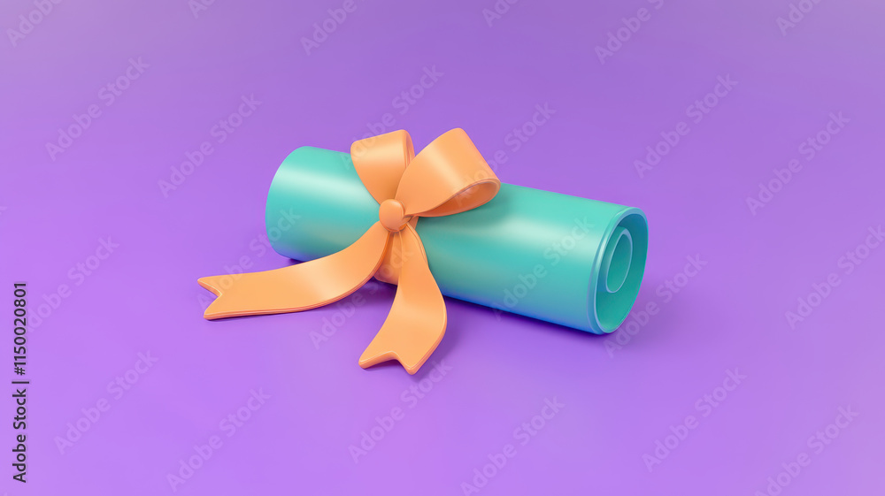 classic diploma scroll tied with vibrant orange ribbon on purple background, symbolizing achievement and celebration