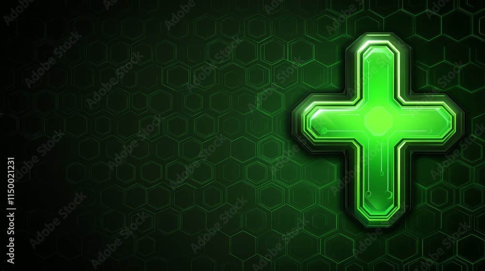 Fototapeta premium Green Neon Cross on Hexagon Tech Background