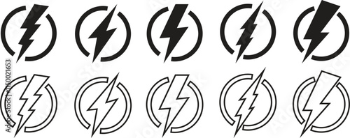 flash lightning bolt icon set. Electric power symbol. Power energy sign, vector graphic design elements Power energy icon sign in filled, flash thunder power icons, isolated on transparent background.