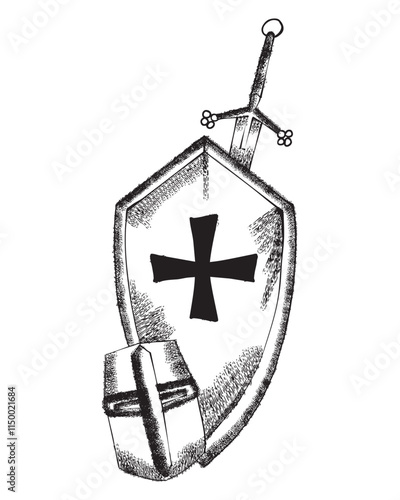 Medieval crusader shield, helmet and sword protecting christianity
