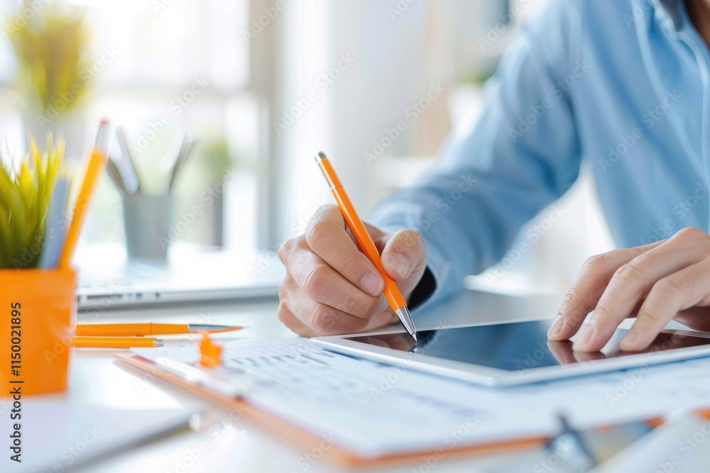 A person writing on a tablet while surrounded by stationery, showcasing productivity and focus in a modern workspace. A person writing on a tablet while surrounded by stationery, showcasing productivity and focus in a modern workspace.