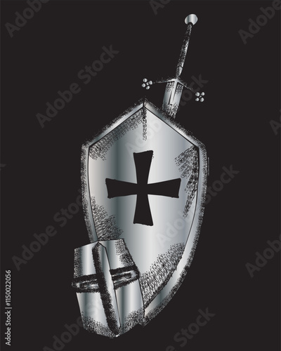 Medieval crusader shield, helmet and sword protecting christianity