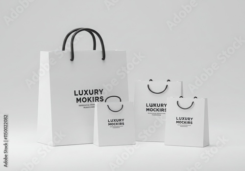 White luxury shopping bags, brand mock-up, minimalist design, black handles photo