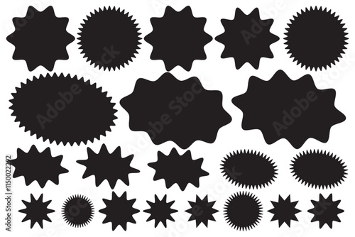 Sticker star burst, promo badge round shape, price tag circle, sale label icon, black sun, new discount set isolated on white background. Advertising vector illustration