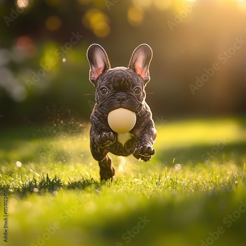 Playful French bulldog puppy running in the grass with a ball in its mouth, backlit by golden hour sunlight. photo