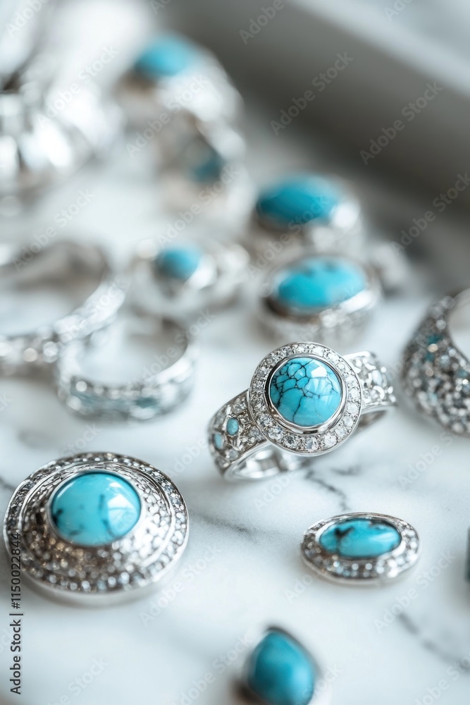 Close-up of turquoise gemstone rings and jewelry on marble. Close-up of turquoise gemstone rings and jewelry on marble.