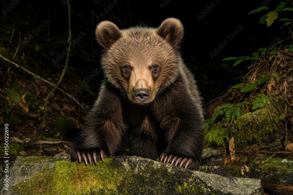 Fototapeta premium Young brown bear cub stares intently from a mossy rock at night in a dark forest.