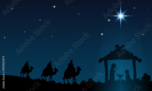 Christmas night three kings jesus mary, vector art illustration.