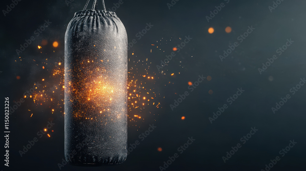 Fototapeta premium Punching bag with glowing impact effect, showcasing energy and motion