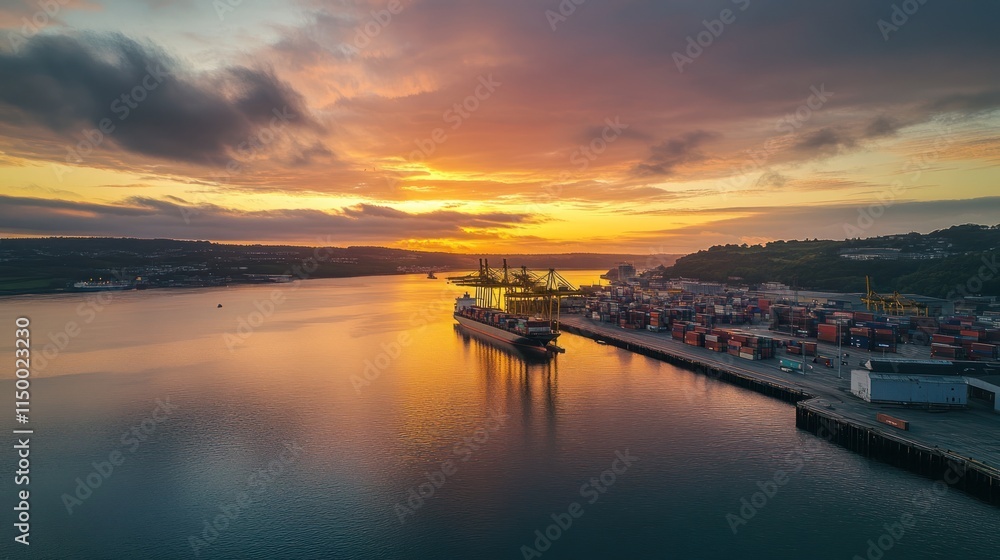 Vibrant sunset over a busy container port with a large cargo ship docked. Vibrant sunset over a busy container port with a large cargo ship docked.