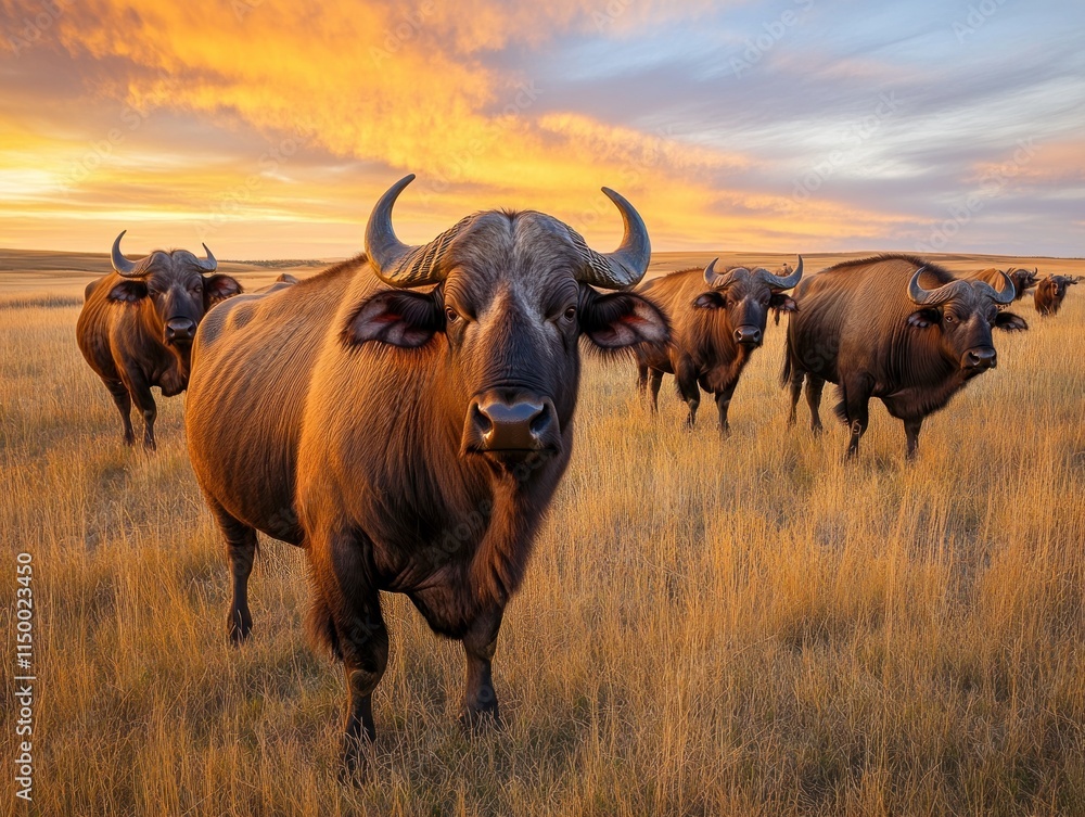 Cape buffalo herd at sunset in African savanna. Cape buffalo herd at sunset in African savanna.