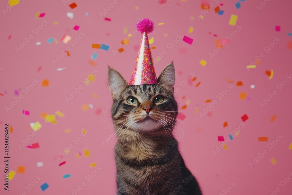Tabby cat wearing party hat amidst falling confetti on pink background. Tabby cat wearing party hat amidst falling confetti on pink background.
