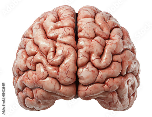 Human realistic brain, front or back view. Isolated on white and transparent background PNG