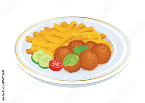 Falafel and french fries on a plate vector illustration. Falafel and french fries icon vector isolated on a white background. Middle eastern deep fried chickpea balls drawing